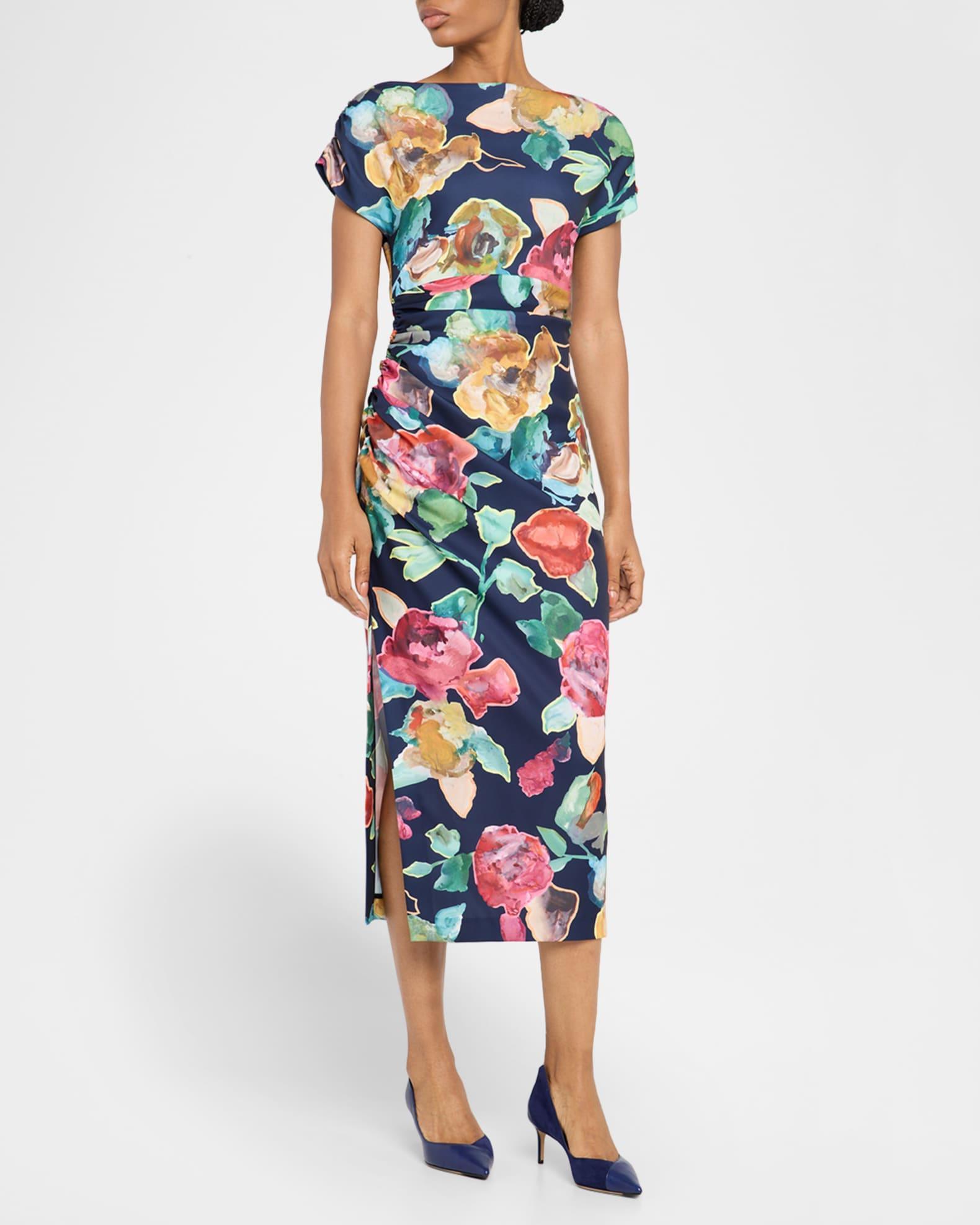 Floral Print Ruched Crepe Midi Dress Product Image