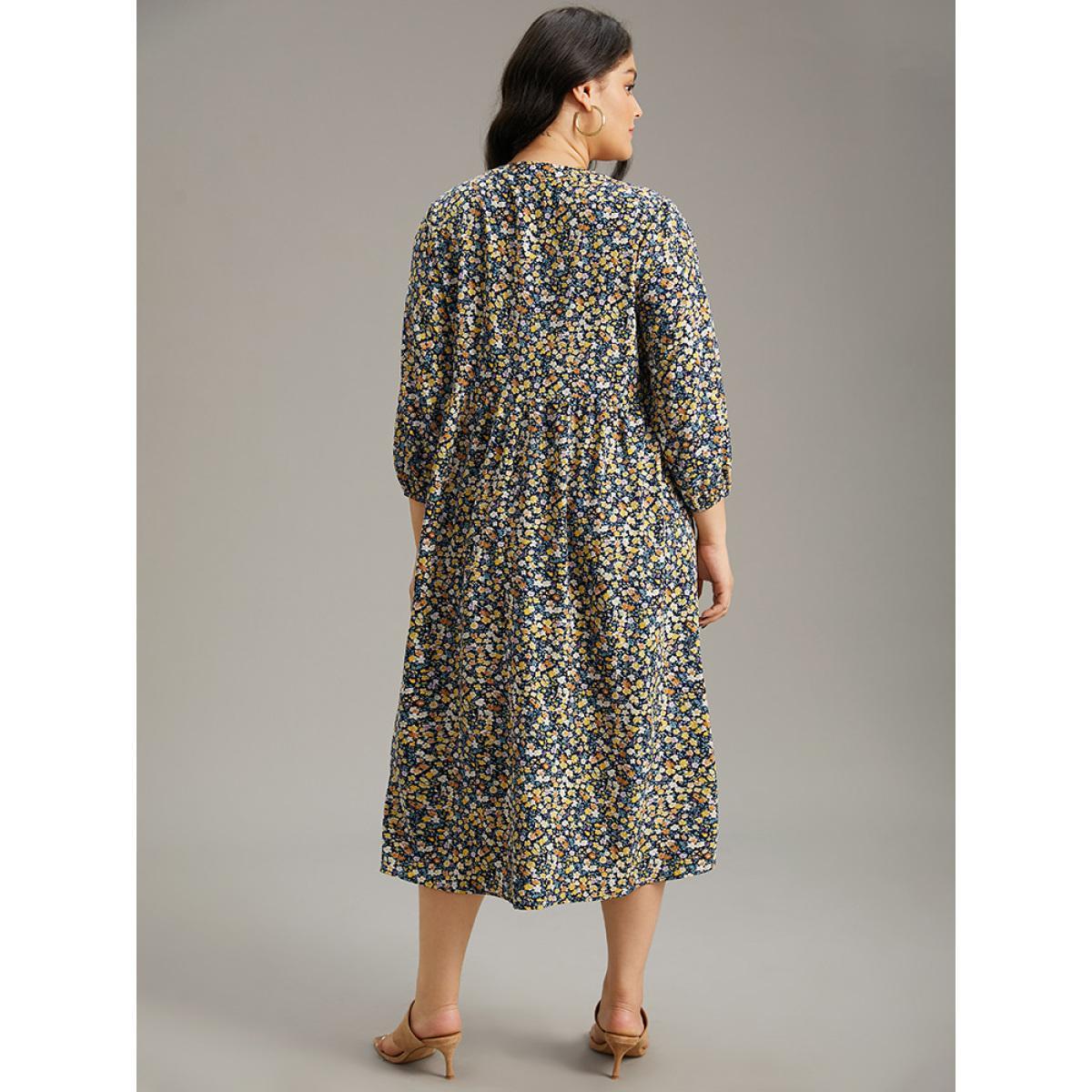 Plus Size Ditsy Floral Pocket Lantern Sleeve Ruffle Hem Dress Midnight Women Vacation Elastic cuffs Notched collar Elbow-length sleeve Curvy Midi Dress BloomChic 18-20/2X Product Image