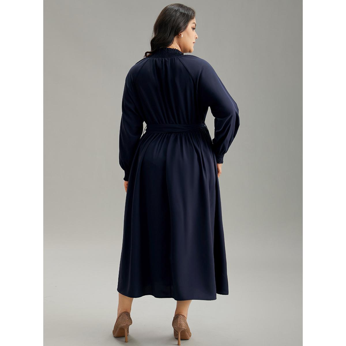 Plus Size Anti-Wrinkle Plain Shirred Mock Neck Belted Dress DarkBlue Women Elegant Elastic cuffs Mock Neck Long Sleeve Curvy Midi Dress BloomChic 30/6X Product Image