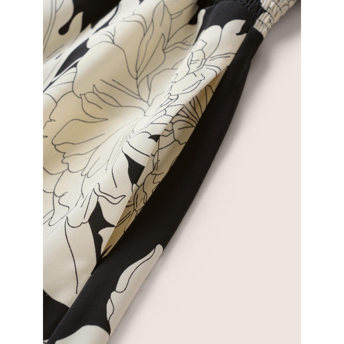 Plus Size Floral Print Notched Belted Flutter Sleeve Dress Black Women Elegant Non Notched collar Short sleeve Curvy Midi Dress BloomChic 14-16/1X Product Image