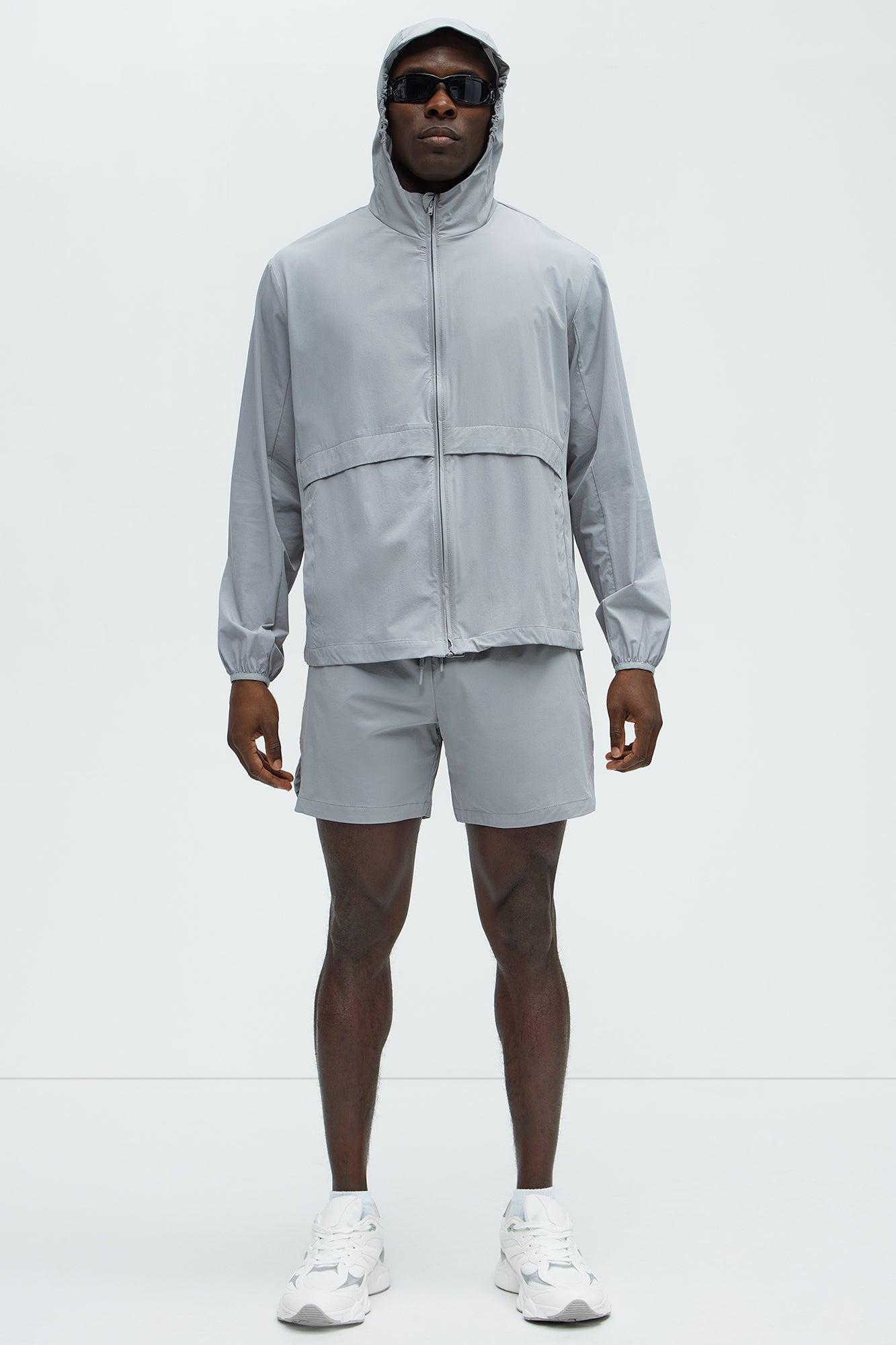 Lightweight Stretch Hooded Running Windbreaker Jacket - Grey Product Image