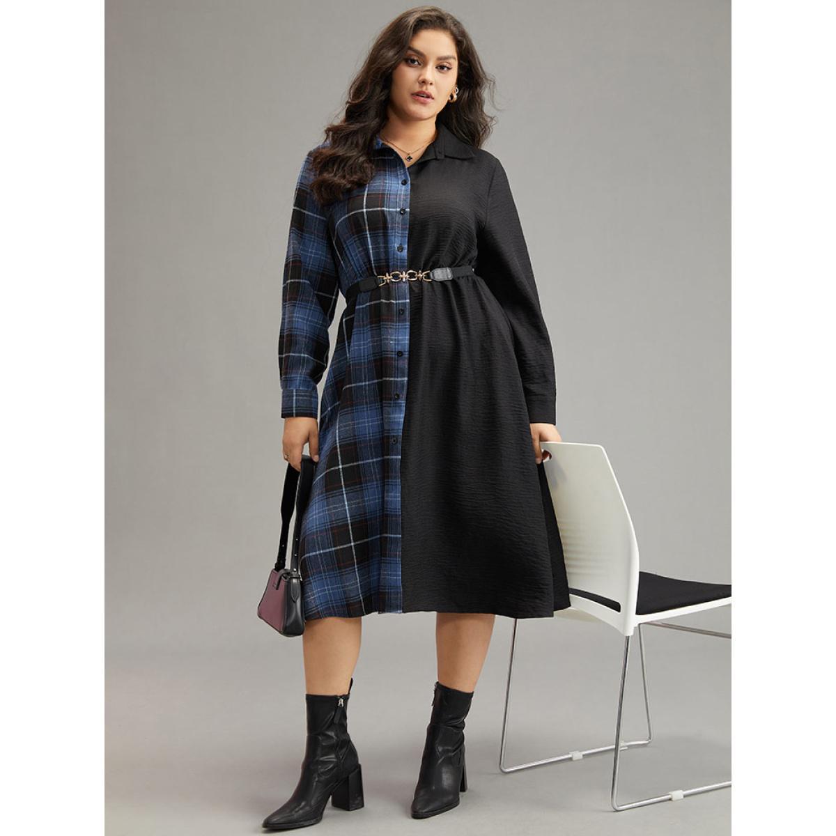 Plus Size Plaid Patchwork Button Through Pocket Dress Multicolor Women Office Contrast Shirt collar Long Sleeve Curvy Midi Dress BloomChic 22-24/3X Product Image