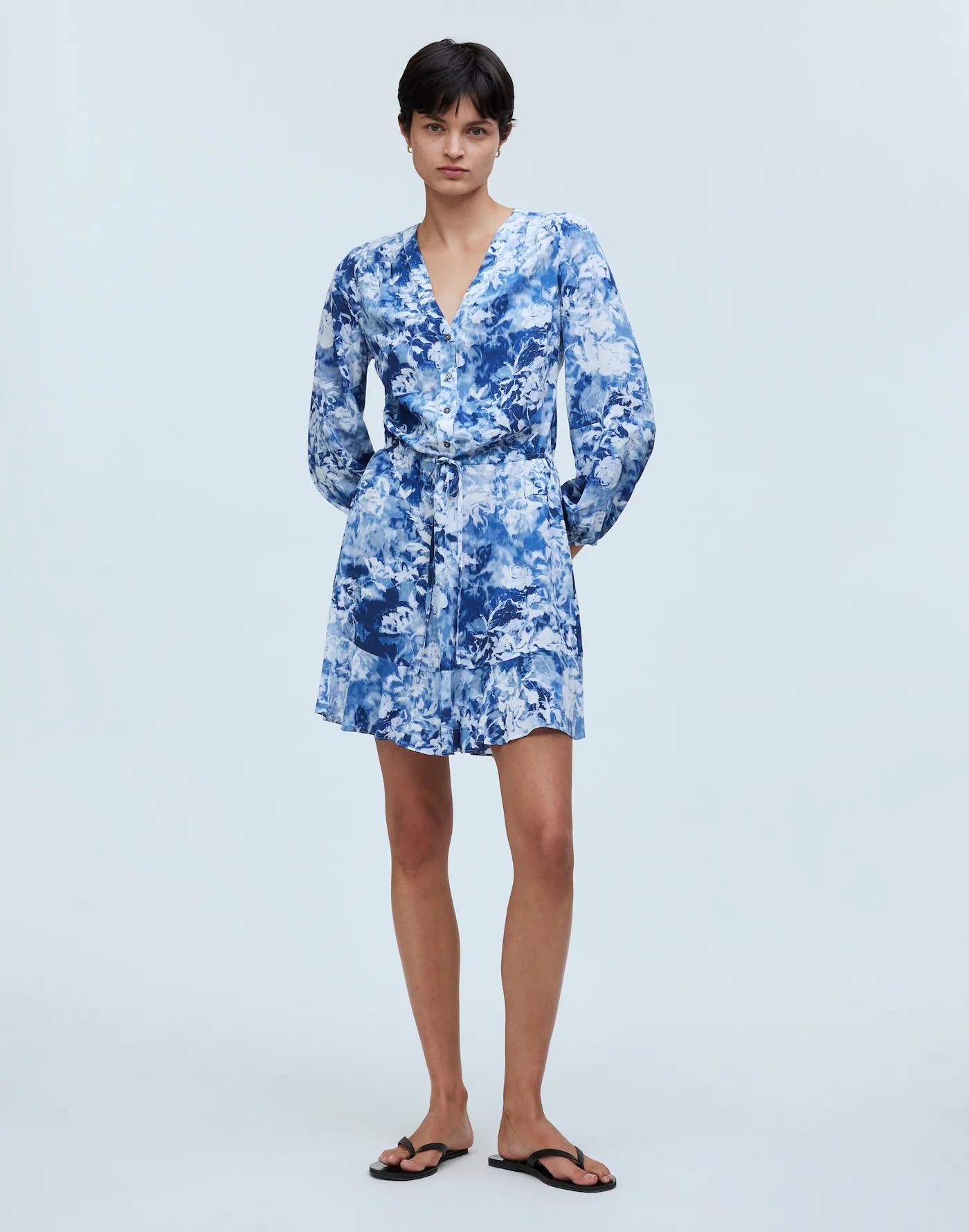 Tie-Waist Mini Shirtdress in Floral Crepe Product Image