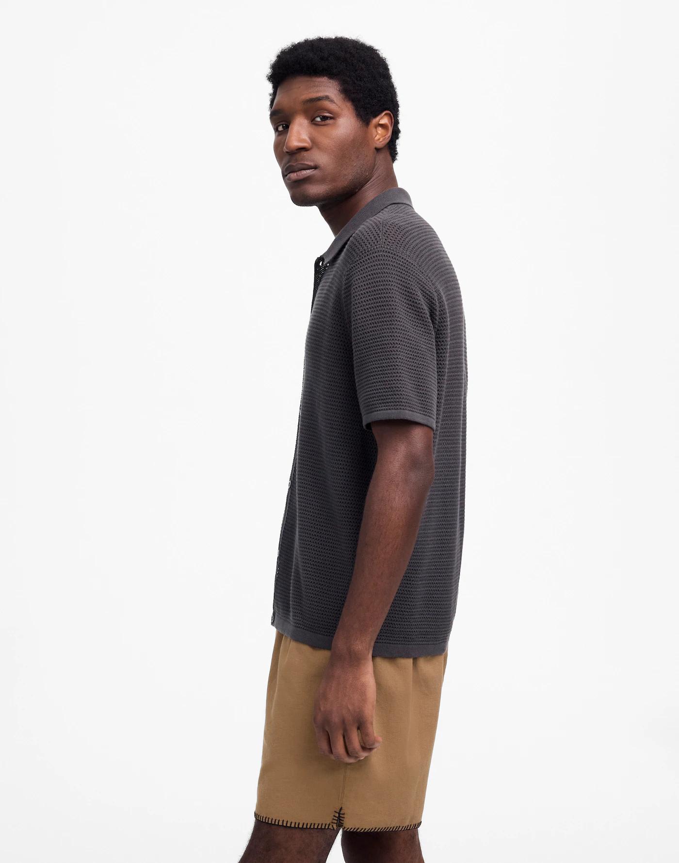 Open-Stitch Button-Up Sweater Polo Product Image