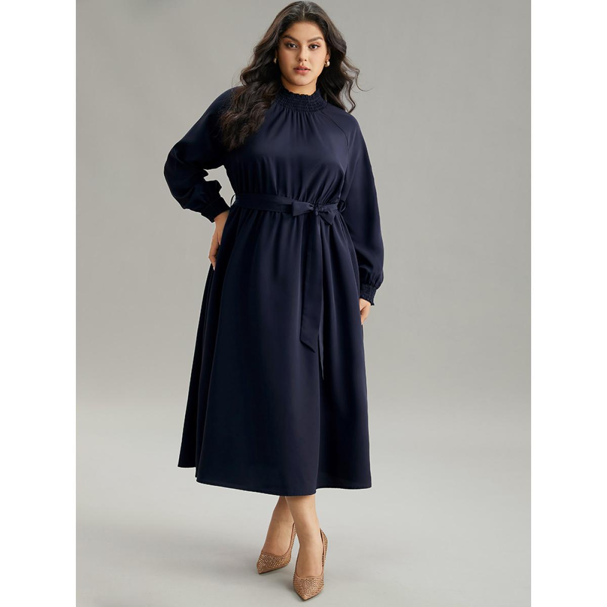 Plus Size Anti-Wrinkle Plain Shirred Mock Neck Belted Dress DarkBlue Women Elegant Elastic cuffs Mock Neck Long Sleeve Curvy Midi Dress BloomChic 30/6X Product Image