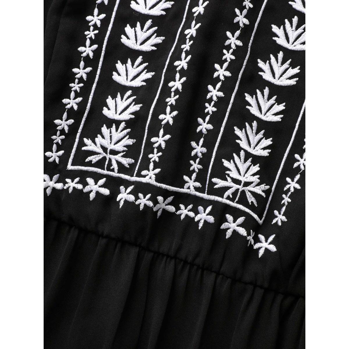 Plus Size Floral Embroidered V Neck Ruffle Cap Sleeve Dress Black Women Boho Embroidered V-neck Cap Sleeve Curvy BloomChic 14-16/1X Product Image