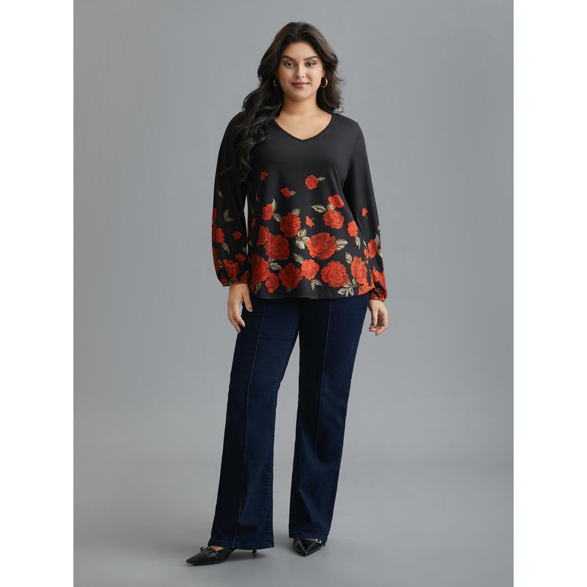 Plus Size Floral Hem V-Neck Stretchy T-shirt Black Women Elegant Contrast Natural Flowers V-neck Everyday T-shirts BloomChic 10/M Product Image