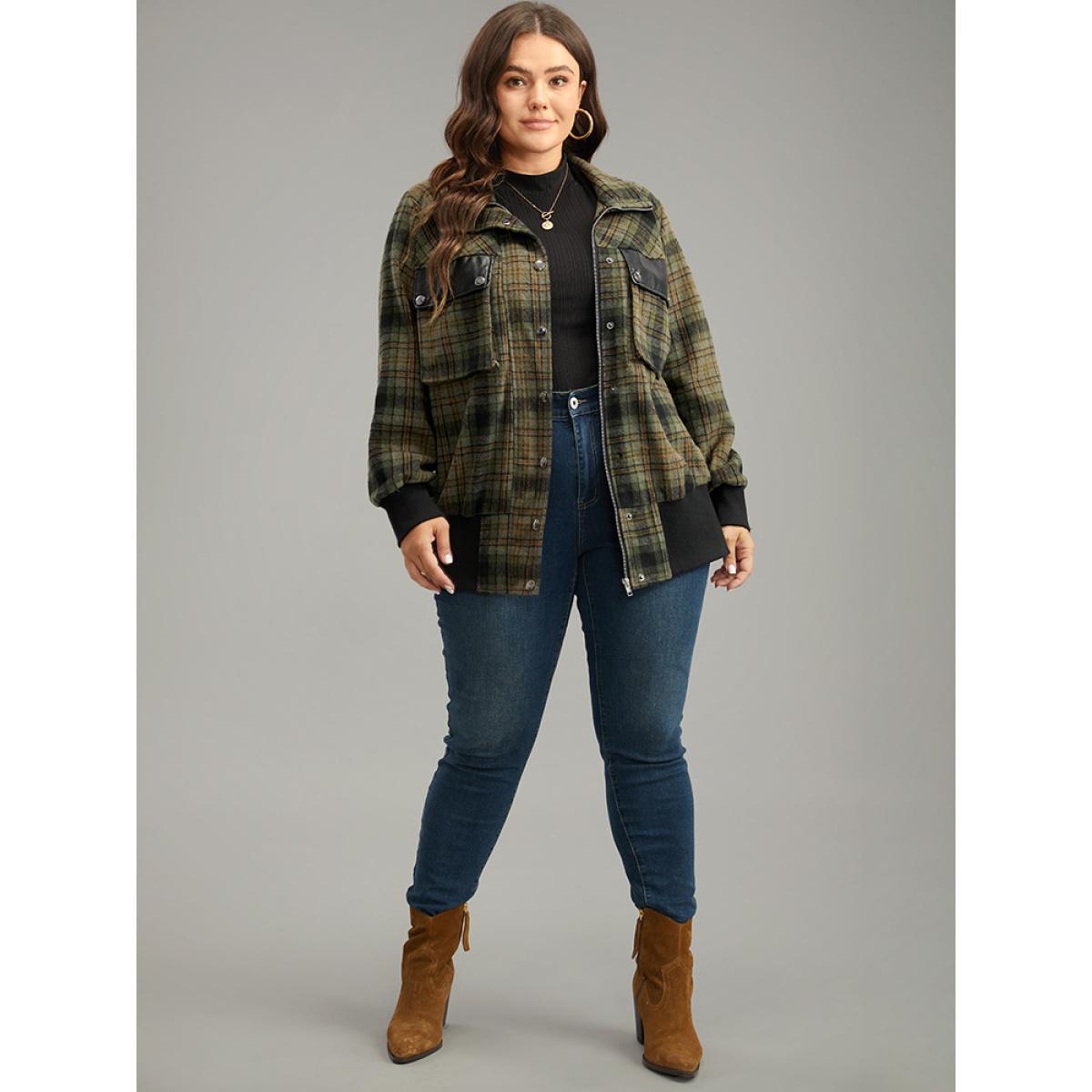 Plus Size Plaid Flap Pocket Zipper Fly Jacket Women Multicolor Elastic cuffs Pocket Dailywear Jackets BloomChic 12/L Product Image