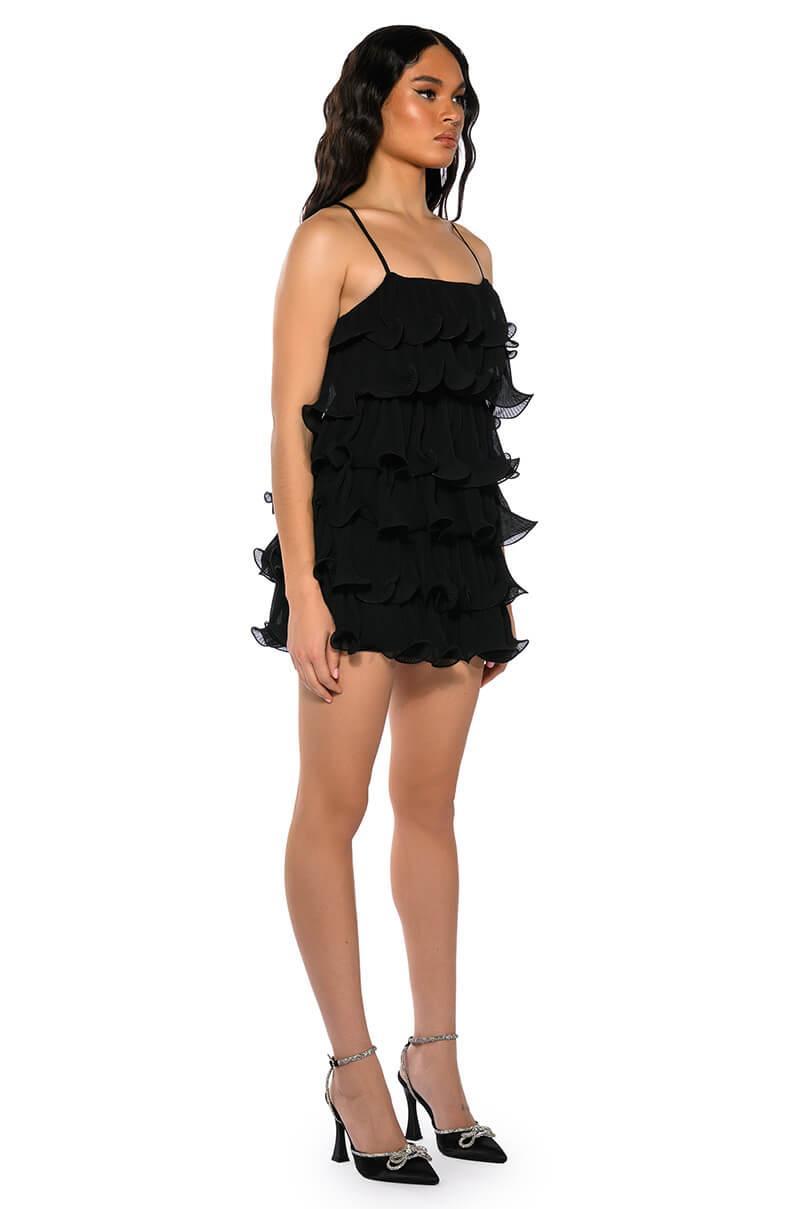 SWEETIE PLEATED RUFFLE SLEEVELESS MINI DRESS IN BLACK Product Image