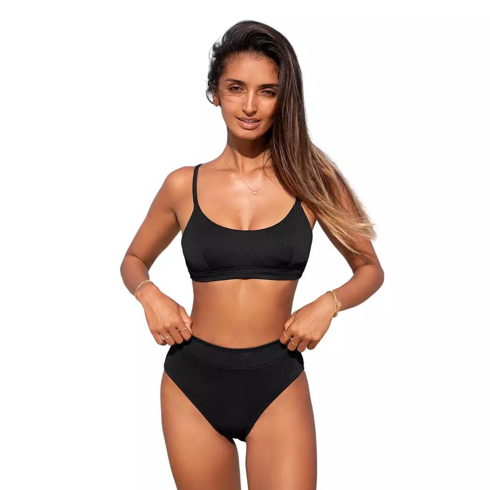 Women's Cupshe Rib Scoop Bralette & Banded High Waist Bikini Set, Size: Medium, Black Product Image