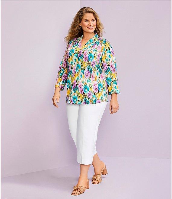 Investments Plus Size Caroline Signature Ikat Garden V-Neck 3/4 Sleeve Button Front Top Product Image