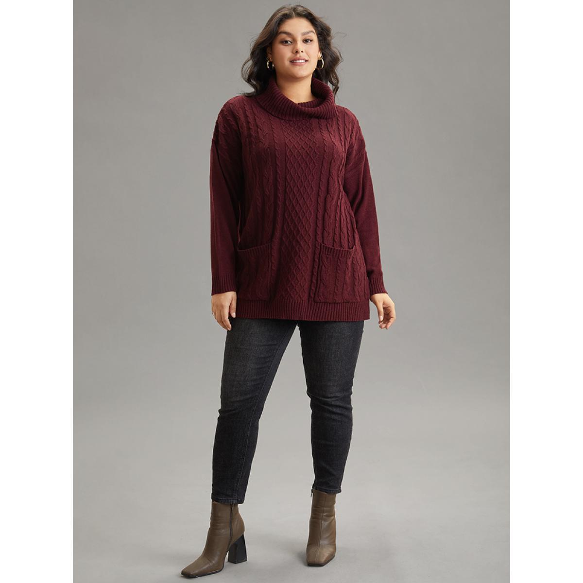Plus Size Cable Knit Patched Pocket Turtle Neck Pullover Burgundy Women Casual Loose Long Sleeve Turtleneck Dailywear Pullovers BloomChic 28/5X Product Image