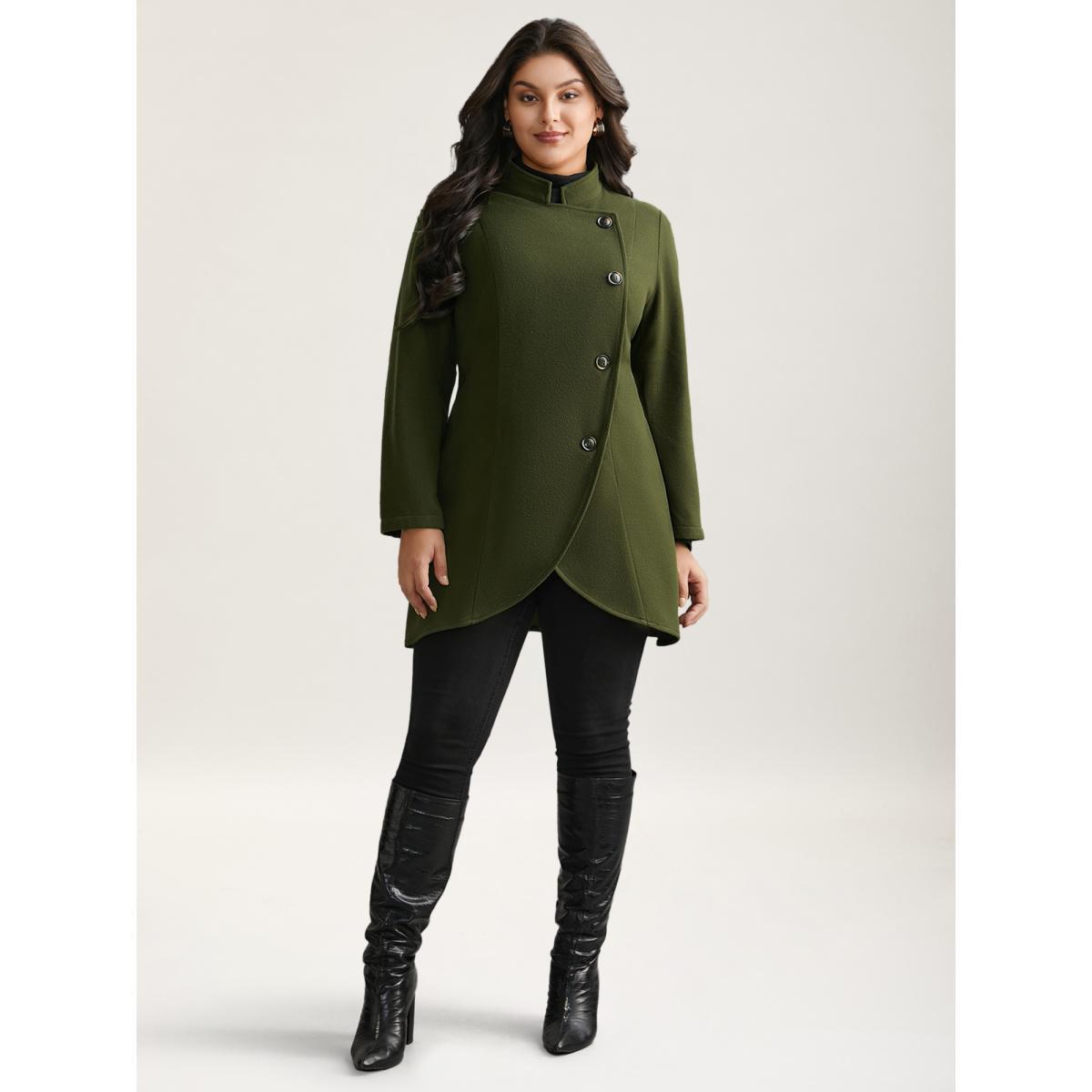 Plus Size Solid Wrap Button Up Asymmetrical Hem Coat Women ArmyGreen Elegant Button Ladies Everyday Winter Coats BloomChic 18-20/2X Product Image