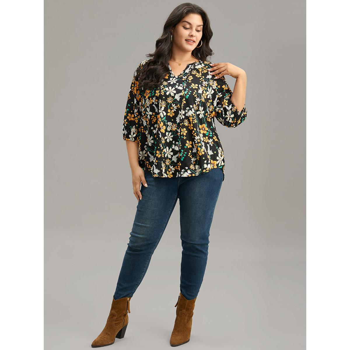 Plus Size Black Floral Print Pleated Notched Lantern Sleeve Blouse Women Elegant Elbow-length sleeve Notched collar Dailywear Blouses BloomChic 10/M Product Image