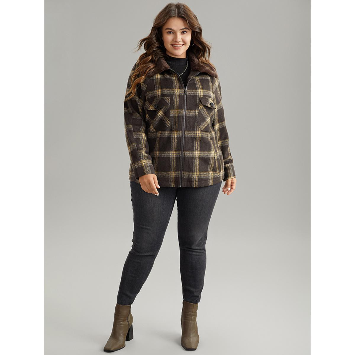 Plus Size Plaid Patchwork Fuzzy Trim Zipper Fly Coat Women DarkBrown Casual Contrast Ladies Everyday Winter Coats BloomChic 28/5X Product Image