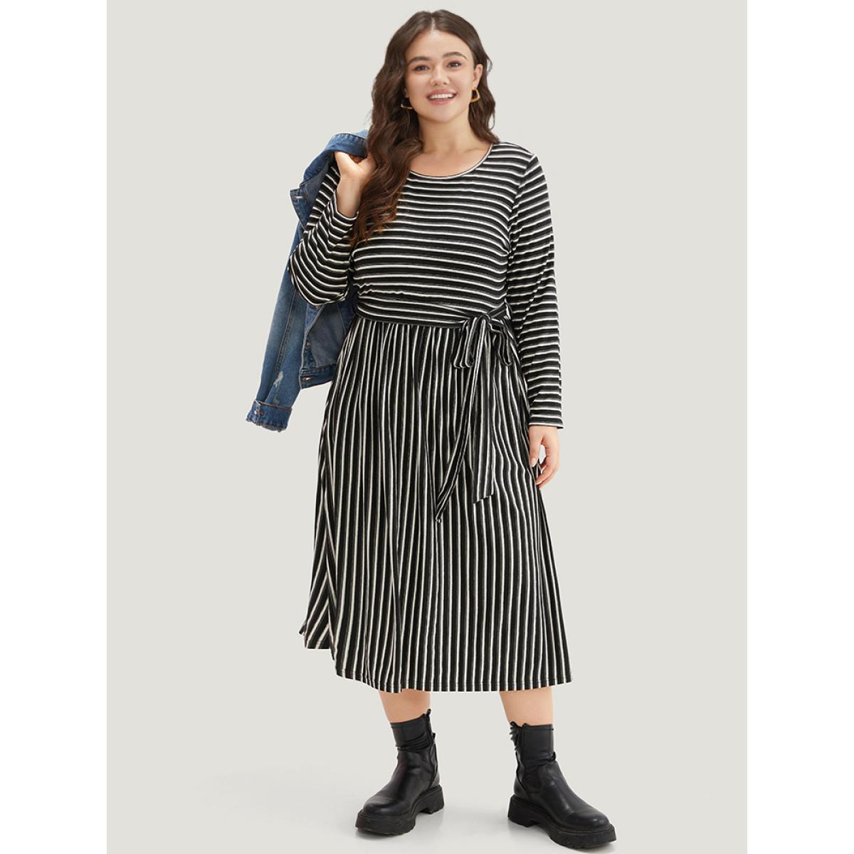 Plus Size Striped Round Neck Belted Dress Black Women Casual Belted Round Neck Long Sleeve Curvy Midi Dress BloomChic 26/4X Product Image