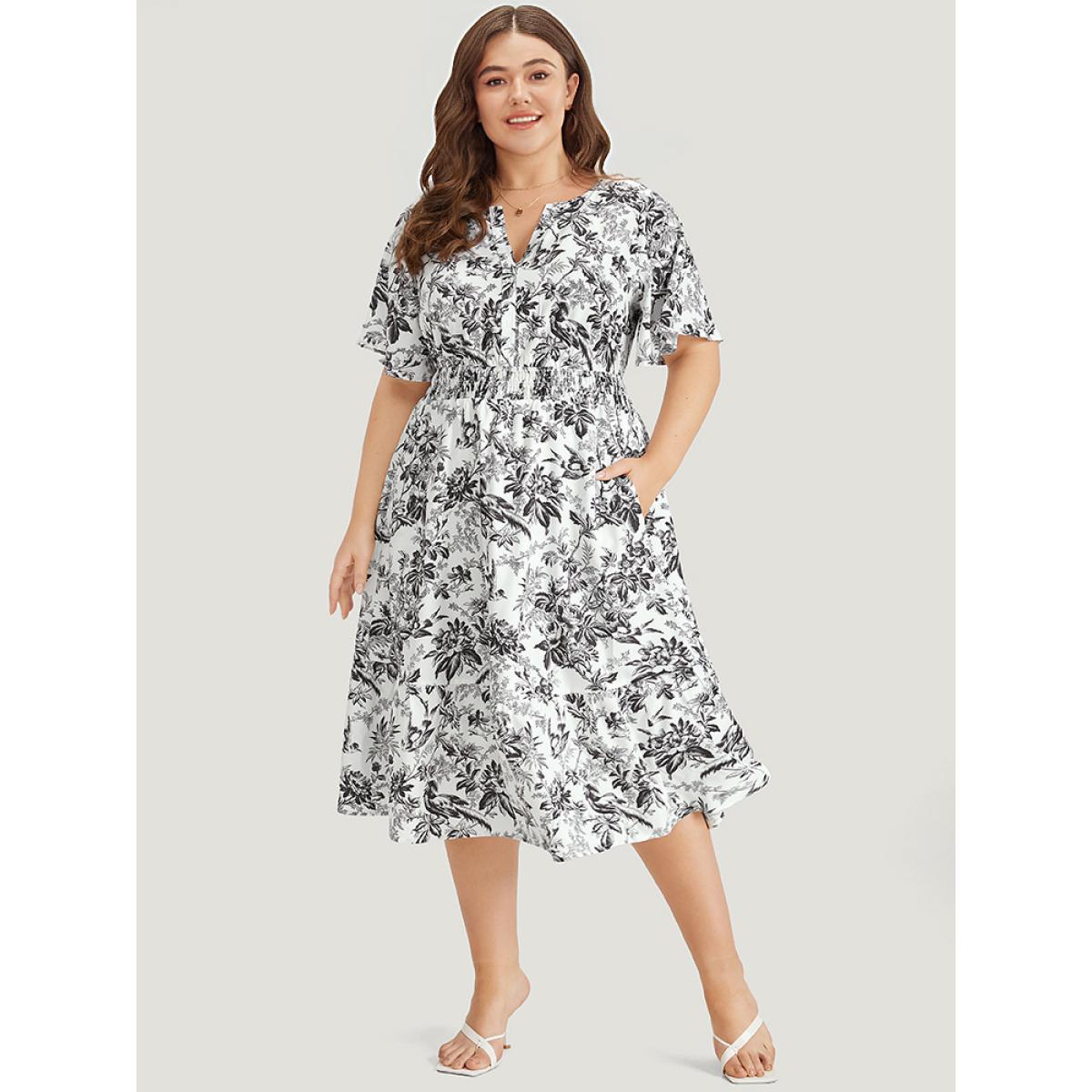 Plus Size Silhouette Floral Print Shirred Notched Pocket Ruffles Dress Black Women Elegant Shirred Notched collar Short sleeve Curvy Midi Dress BloomChic 22-24/3X Product Image
