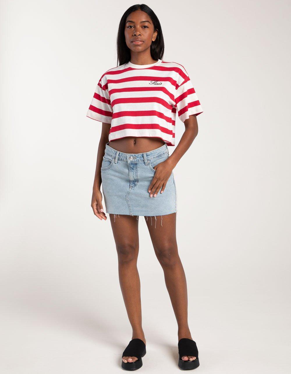 FULL TILT Stripe Paris Embroidered Womens Crop Tee - RED Product Image