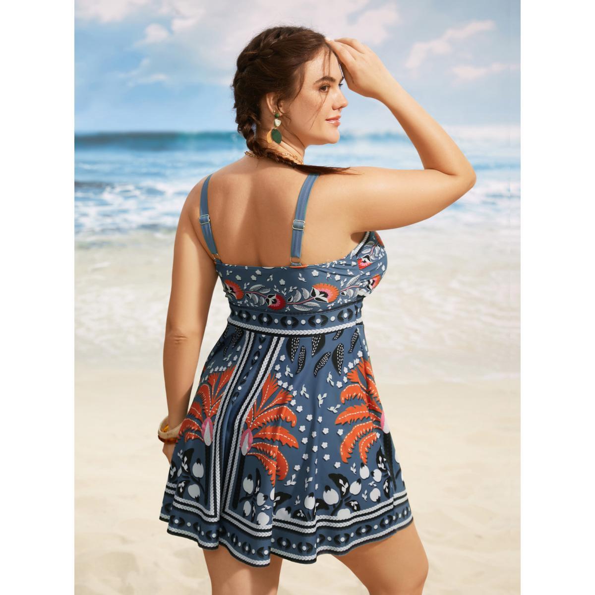 Plus Size Bandana Print Heart Neckline Gathered Swim Dress Women's Swimwear Stone Beach Bodycon Heart neckline High stretch Curve Swim Dresses BloomChic 26/4X Product Image