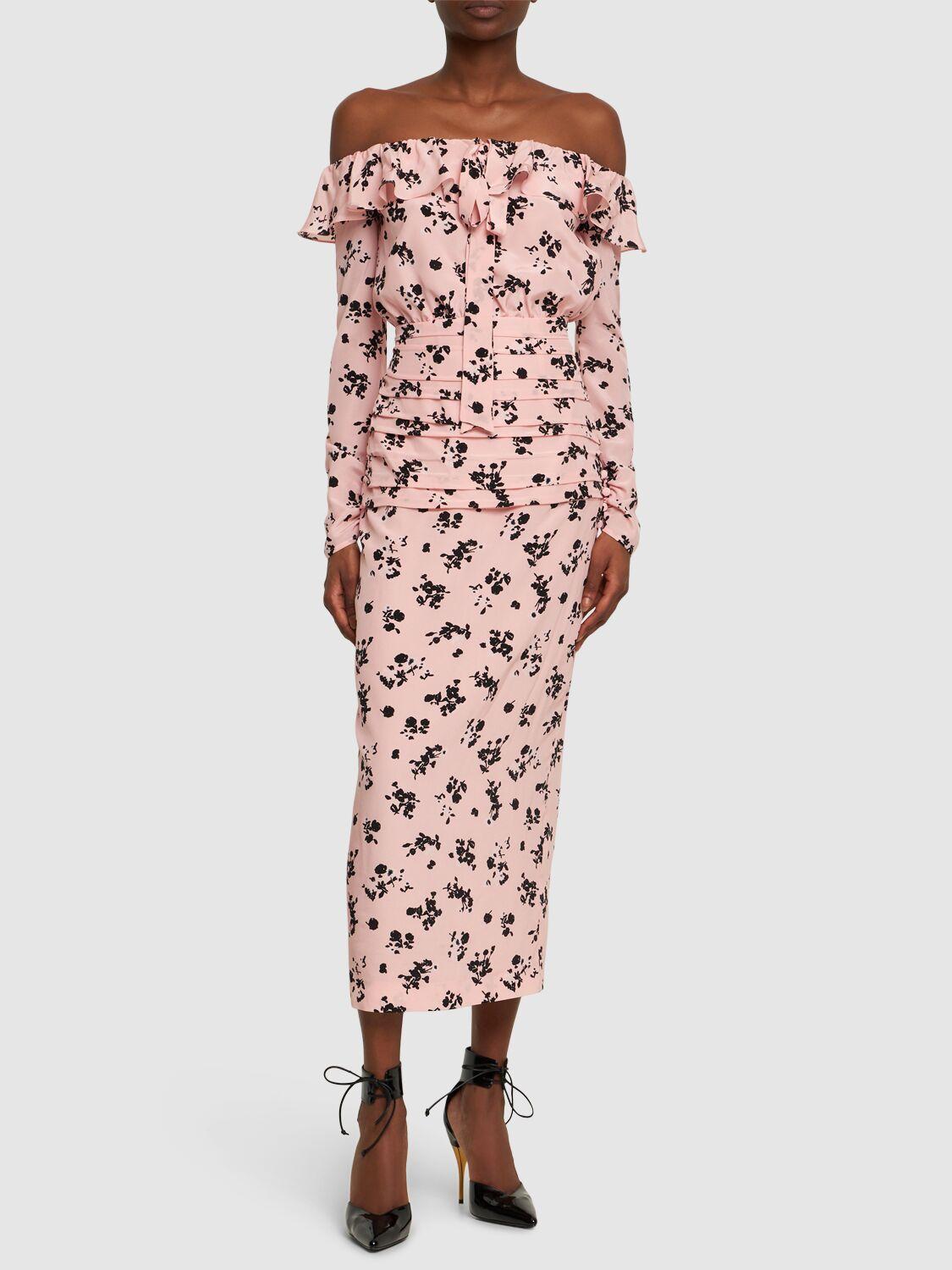 ALESSANDRA RICH Off-the-shoulder Ruffled Floral-print Silk Crepe De Chine Midi Dress In Pink Product Image