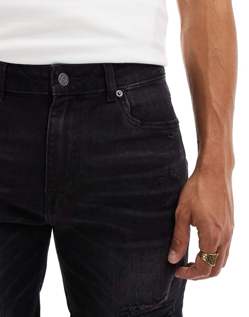 Pull&Bear slim fit ripped denim shorts in washed black Product Image