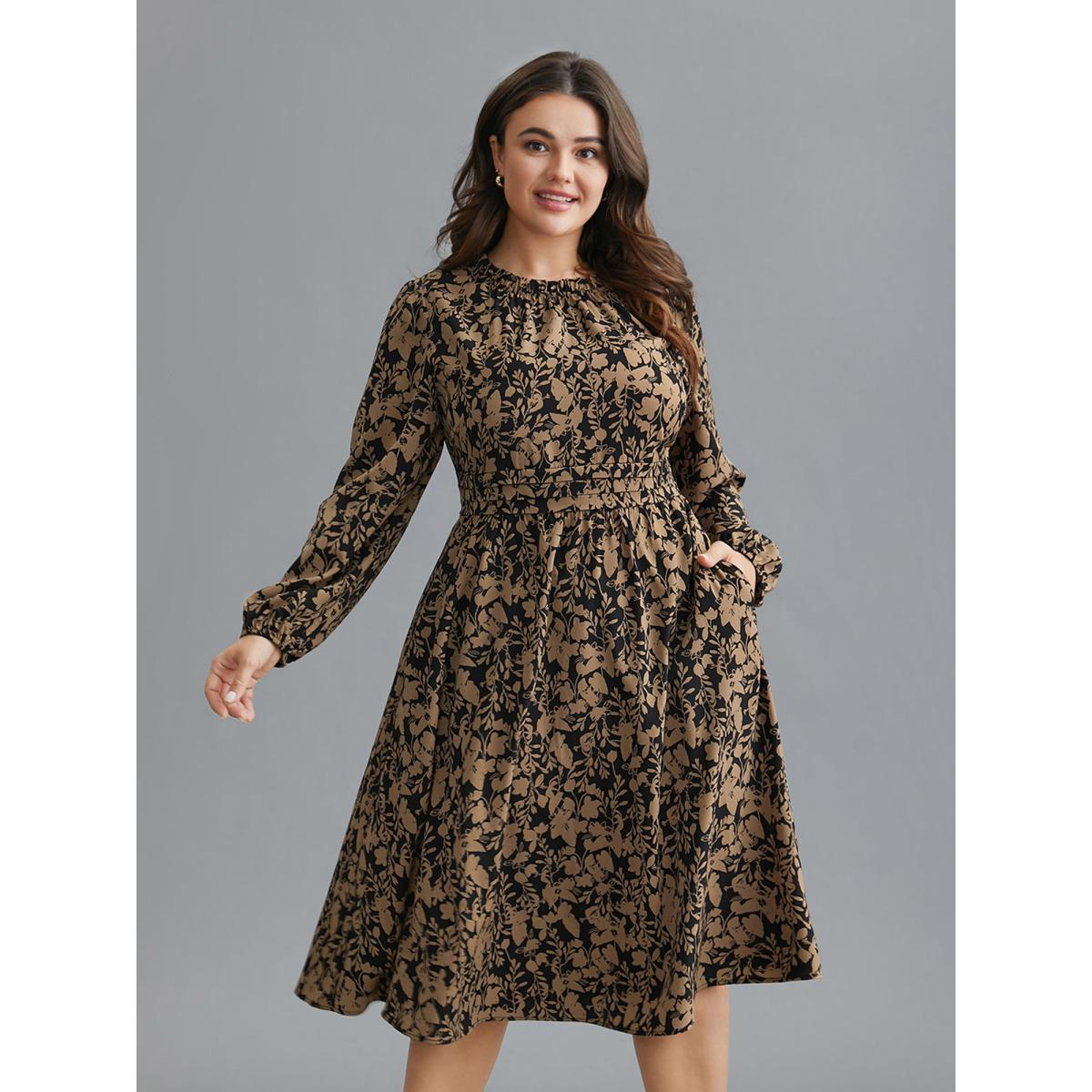 Plus Size Floral Mock Neck Ruffles Pleated Waist Dress Black Women Elegant Frill Trim Mock Neck Long Sleeve Curvy BloomChic 10/M Product Image