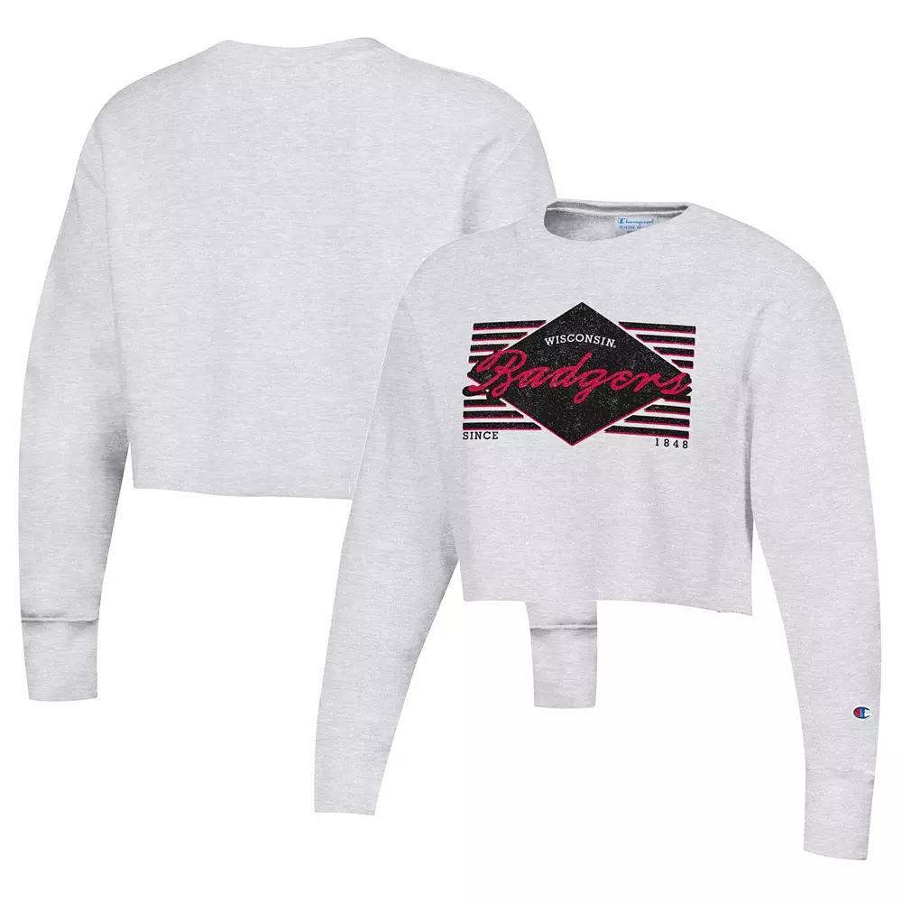 Women's Champion Heather Gray Wisconsin Badgers Reverse Weave Cropped Pullover Sweatshirt,  Product Image
