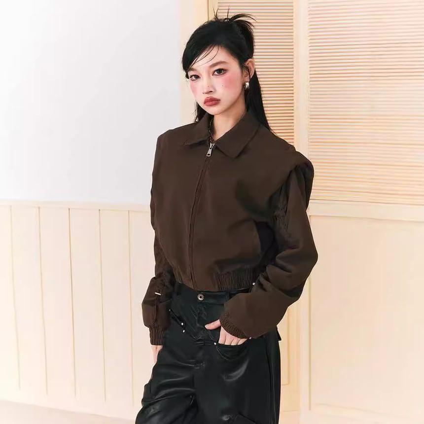 Collar Plain Drawstring Crop Zip Jacket Product Image