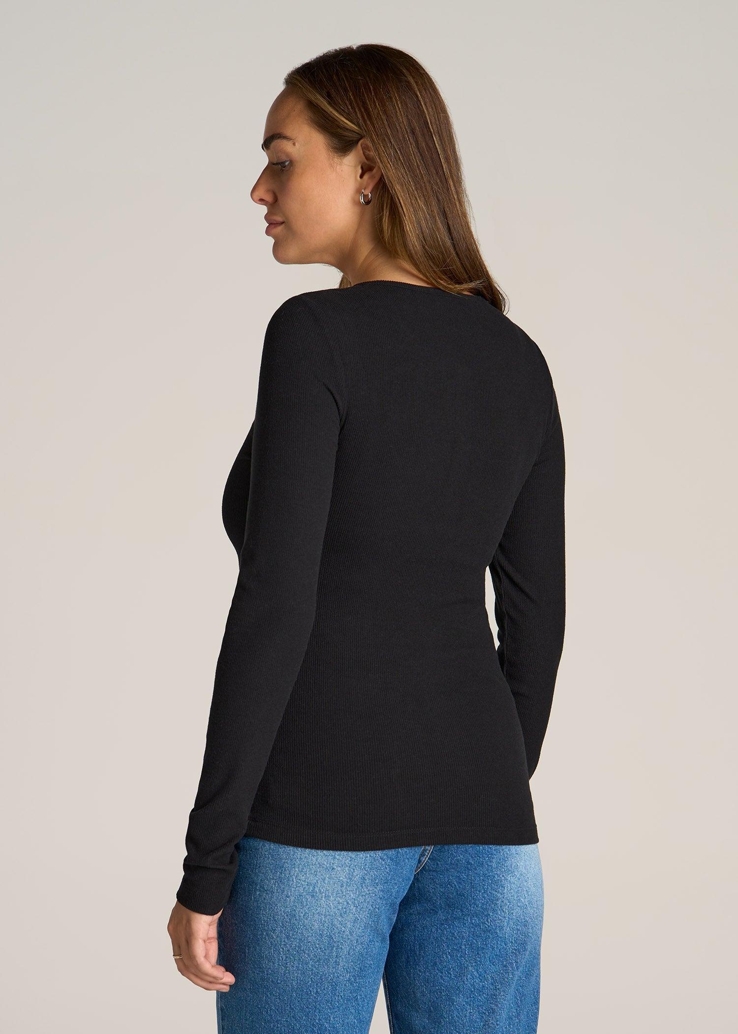 Long Sleeve Ribbed Crewneck Henley Shirt for Tall Women in Black Female Product Image