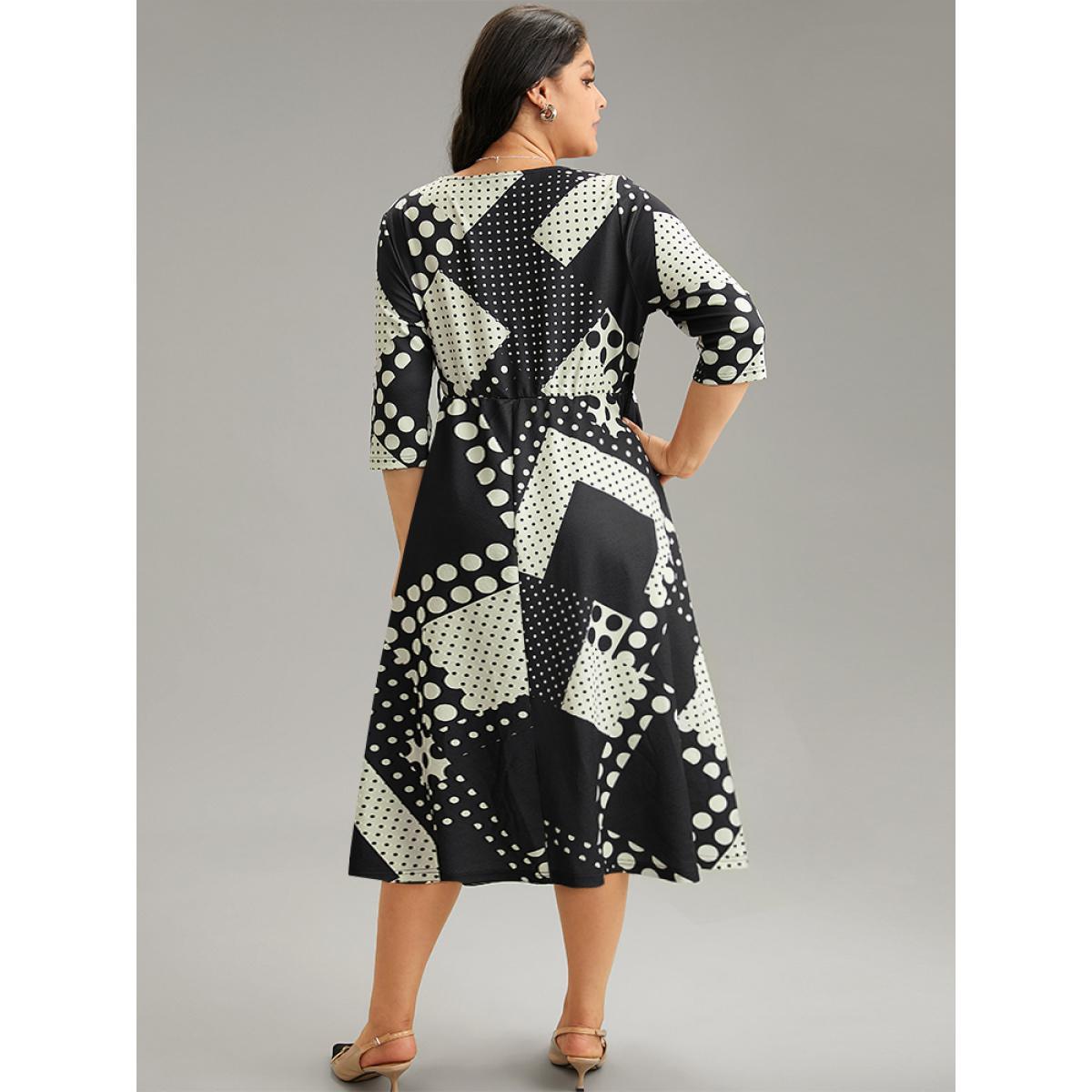 Plus Size Polka Dot Geometric print Belted Wrap Dress Black Women At the Office Wrap Overlap Collar Elbow-length sleeve Curvy Midi Dress BloomChic 18-20/2X Product Image