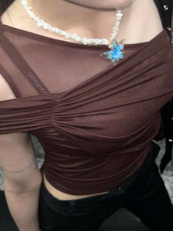 One Shoulder Asymmetric Design Ruched Mesh Short Sleeve Tee Product Image