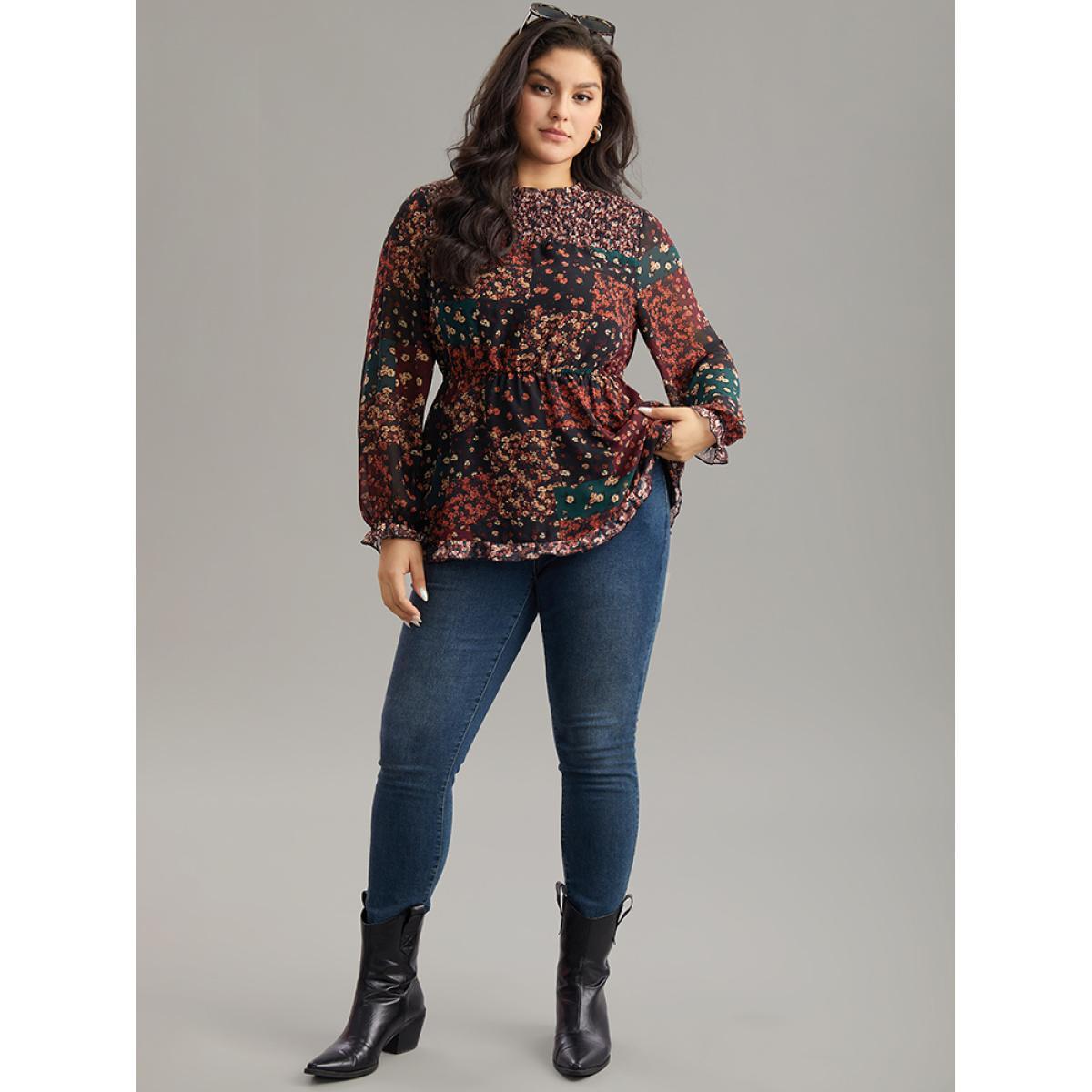 Plus Size BlackFlower Ditsy Floral Shirred Patchwork Frill Trim Gathered Blouse Women Elegant Long Sleeve Stand-up collar Everyday Blouses BloomChic 10/M Product Image