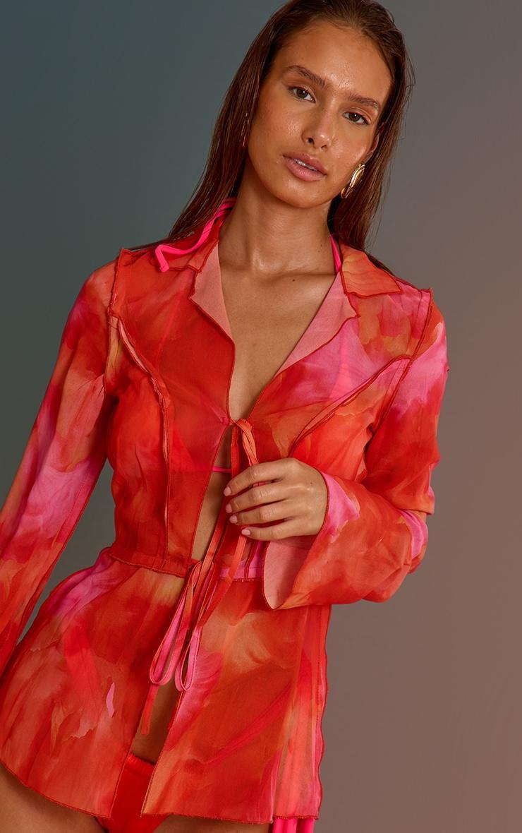 Orange Ombre Print Long Sleeve Tie Front Beach Shirt Product Image