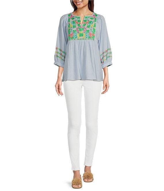 Tru Luxe Jeans Embroidered Split V-Neck 3/4 Sleeve Popover Top Product Image