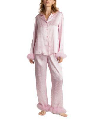 Linea Donatella Womens Marabou Feather Satin Pajama Set Product Image