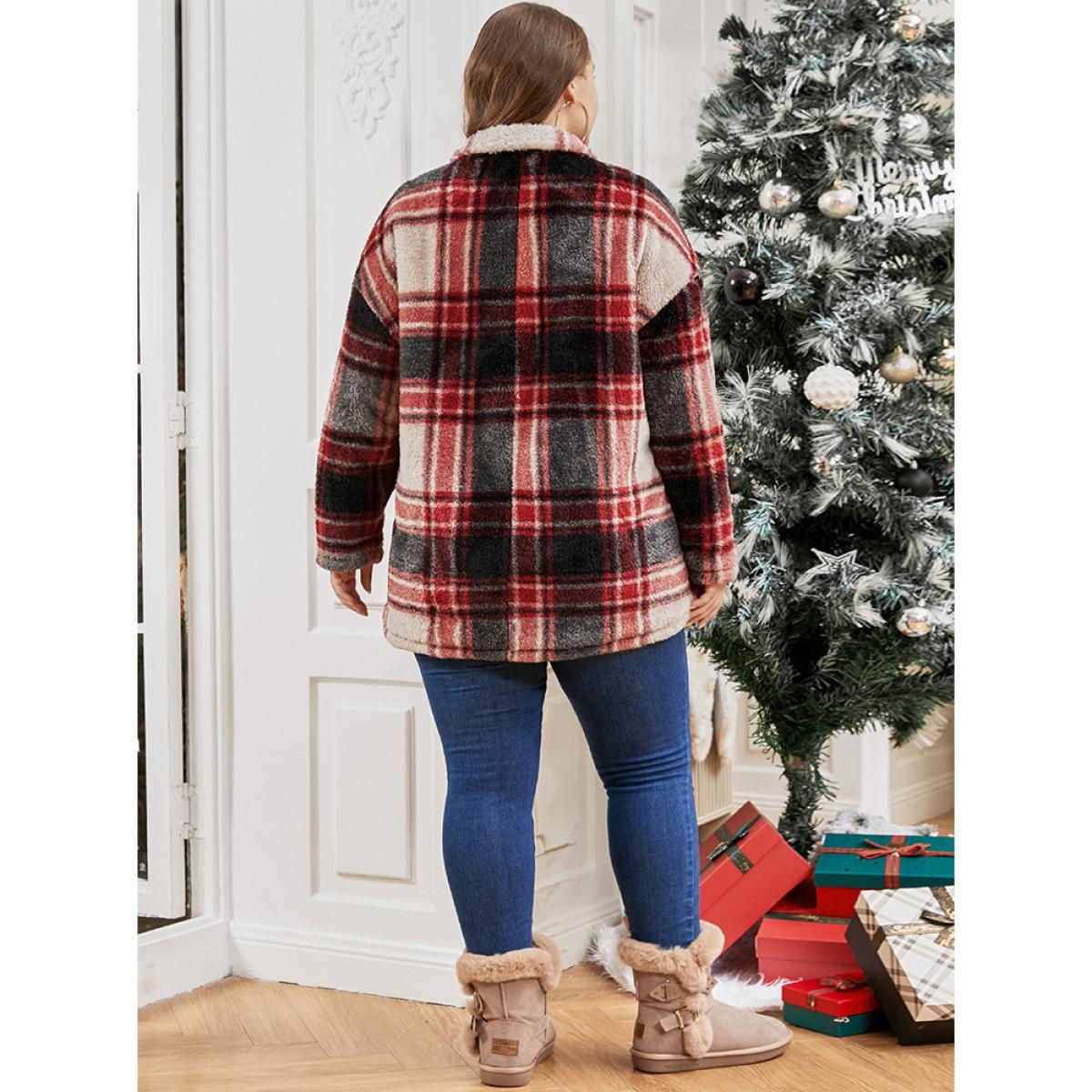 Plus Size Plaid Button Up Pocket Fuzzy Coat Women Red Casual Button Ladies Dailywear Winter Coats BloomChic 26/4X Product Image