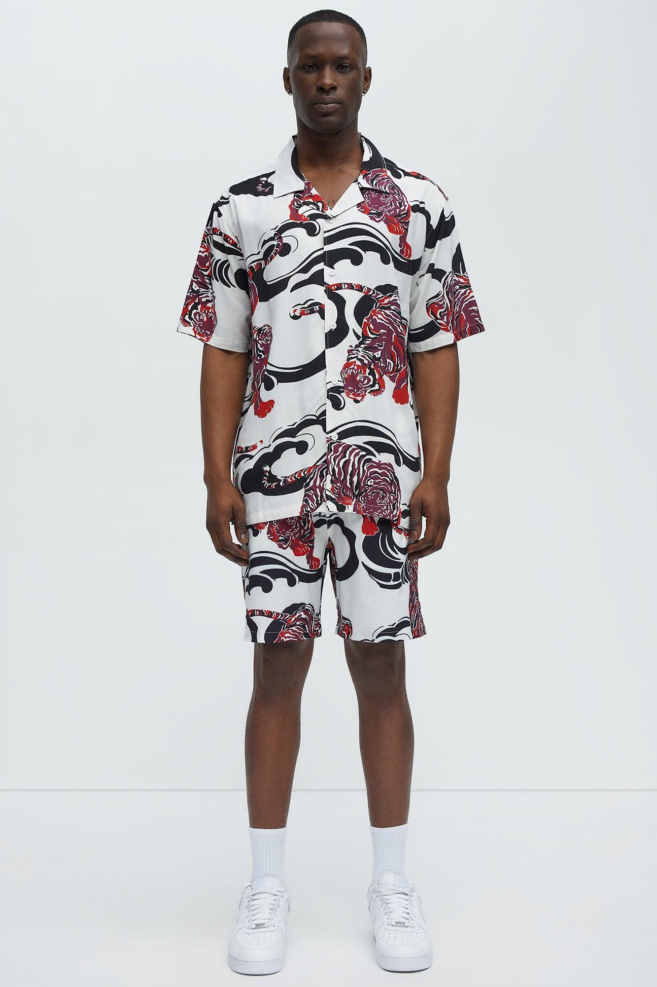 Tiger Waves Cuban Collar Button Up Shirt - White/combo Male Product Image