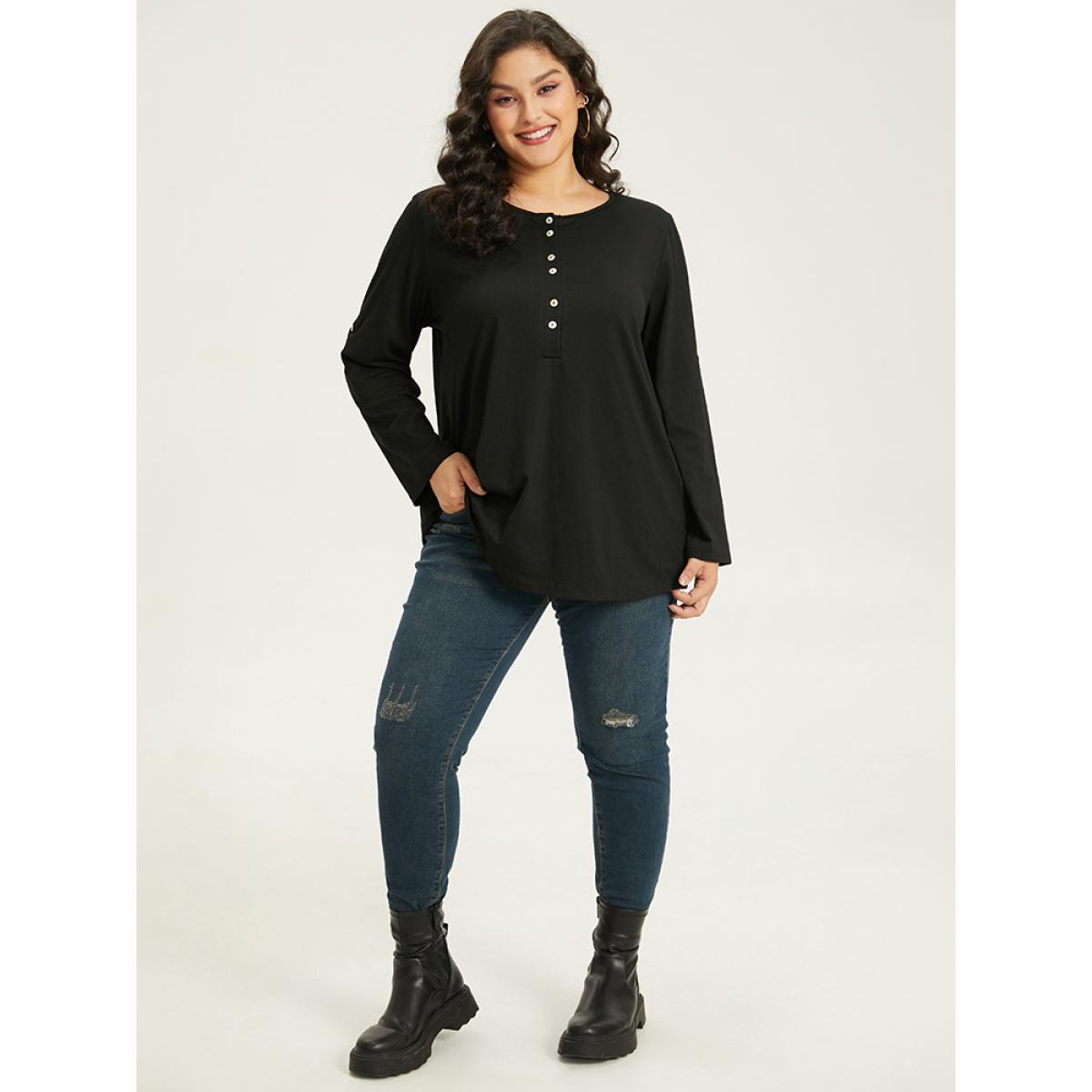 Plus Size Plain Button Up Tab Sleeve T-shirt Black Women Casual Plain Plain Round Neck Dailywear T-shirts BloomChic 12/L Product Image
