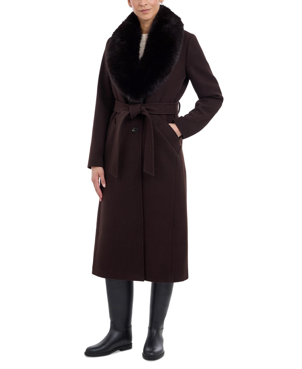 Michael Michael Kors Womens Faux-Fur-Collar Belted Coat Product Image