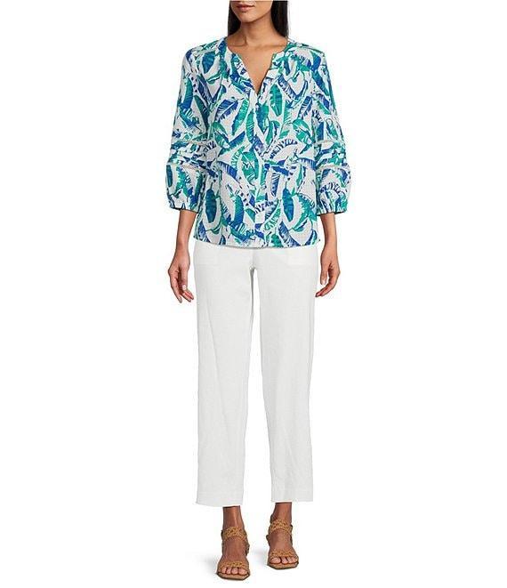 Investments Woven Feather Print 3/4 Sleeve Y-Neck Button Front Top Product Image