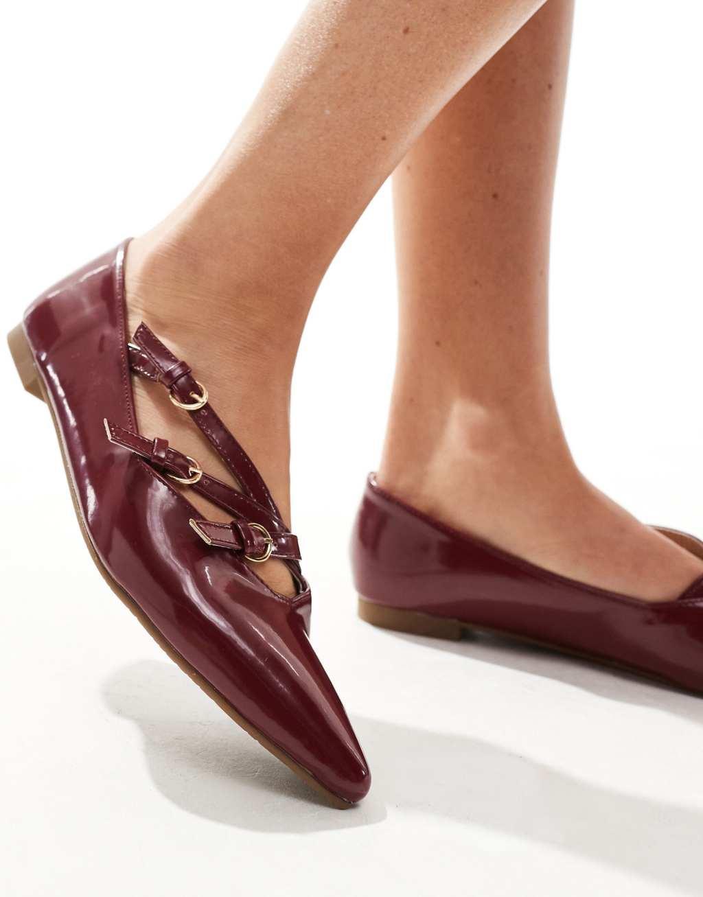 SEQWL pointed toe strappy ballet flats in burgundy Product Image