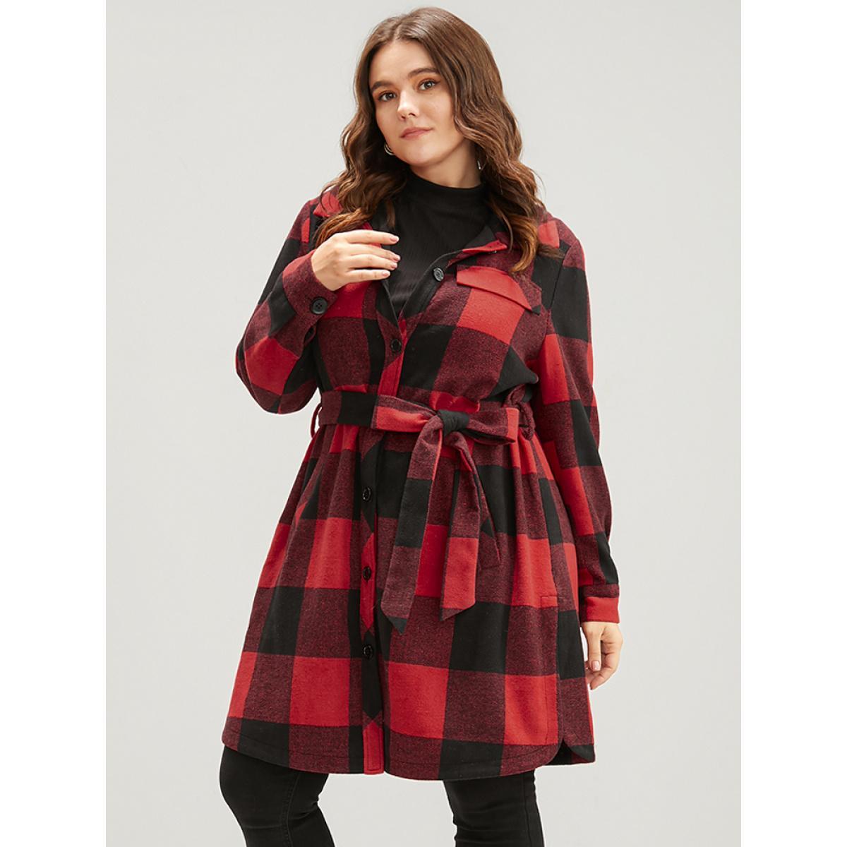 Plus Size Plaid Pocket Button Up Belted Coat Women Red Elegant Cross straps Ladies Dailywear Winter Coats BloomChic 26/4X Product Image