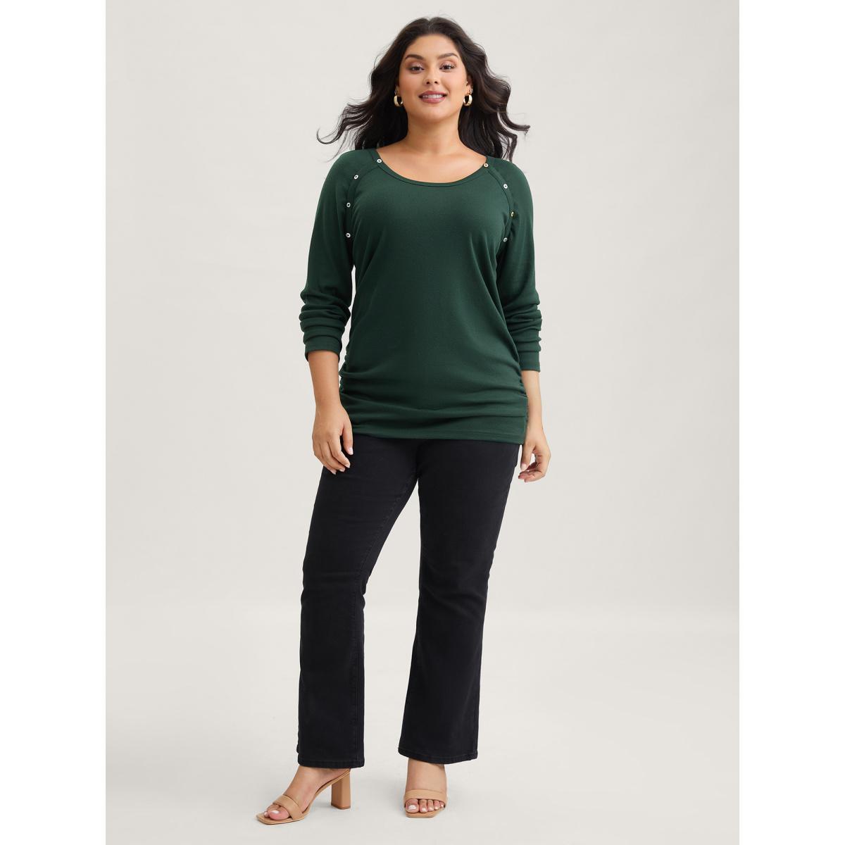 Plus Size Plain Gathered Button Detail T-shirt DarkGreen Women Leisure Gathered Plain Round Neck Casual T-shirts BloomChic 30/6X Product Image