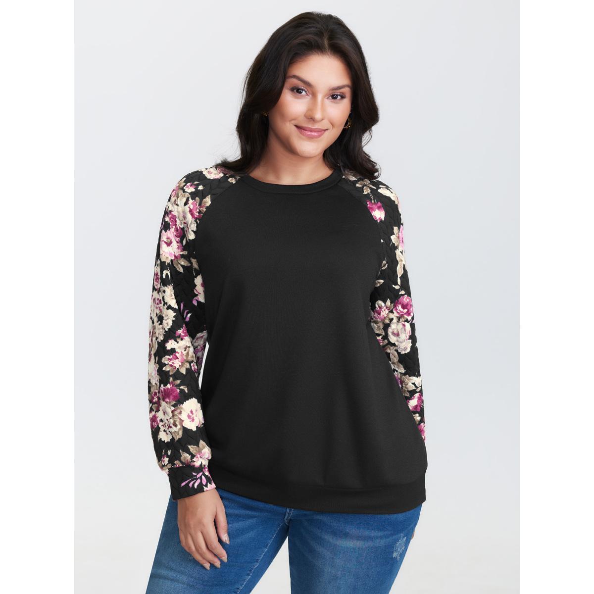 Plus Size Floral Print Raglan Sleeve Sweatshirt Women Black Leisure Contrast Round Neck Casual Sweatshirts BloomChic 26/4X Product Image