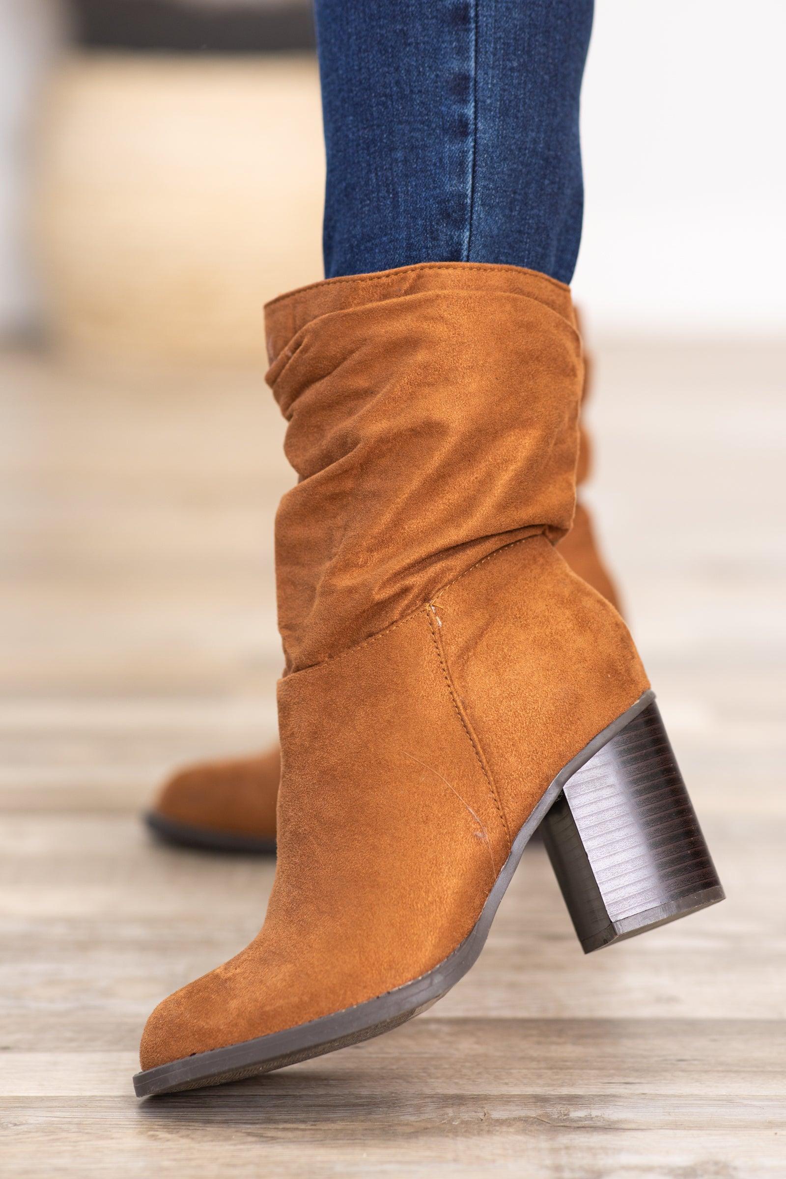 Dark Camel Faux Suede Slouchy Mid Calf Boots Product Image