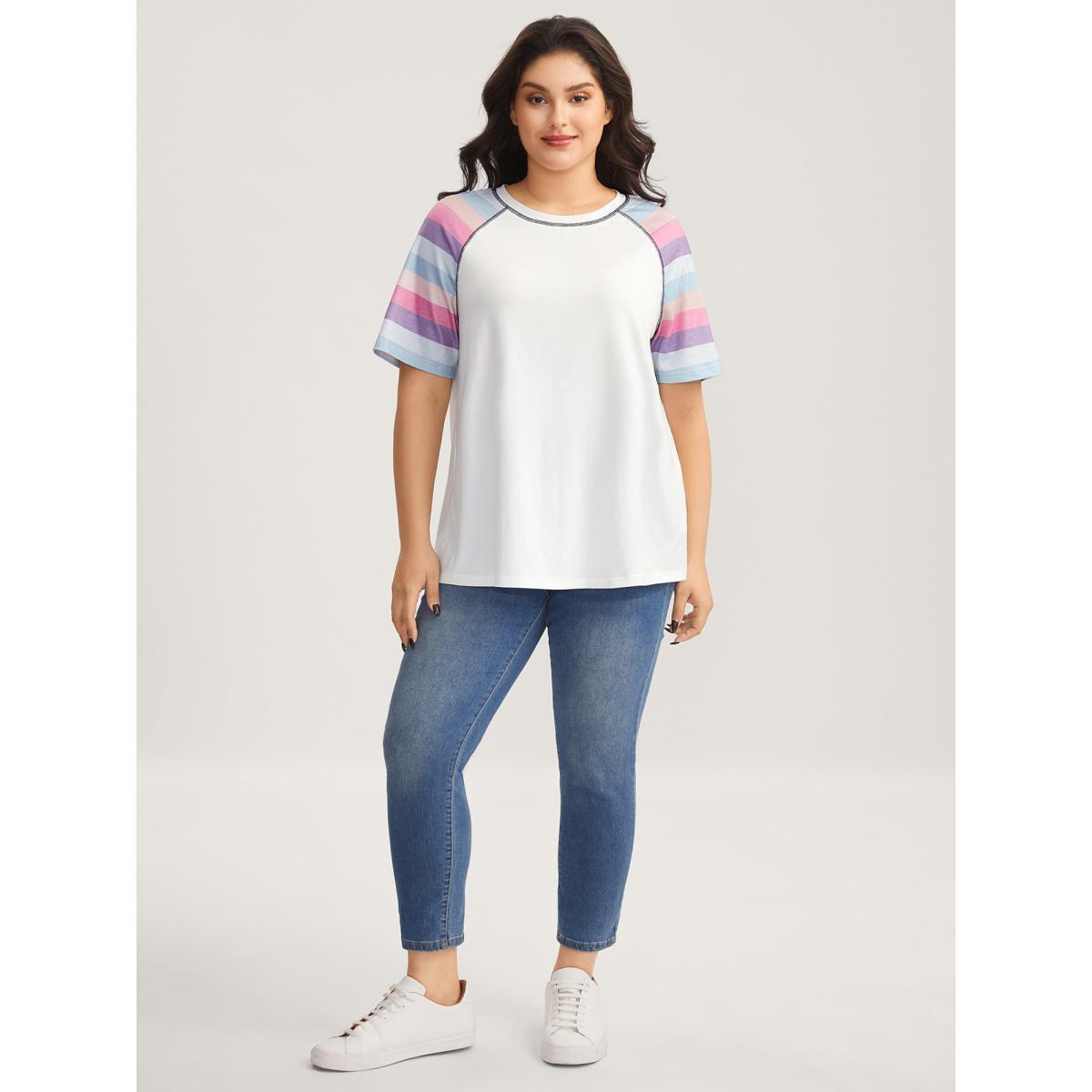 Plus Size Colorful Stripes Raglan Sleeve T-Shirt Originalwhite Women Leisure Topstitching Round Neck Casual T-shirts BloomChic 14-16/1X Product Image