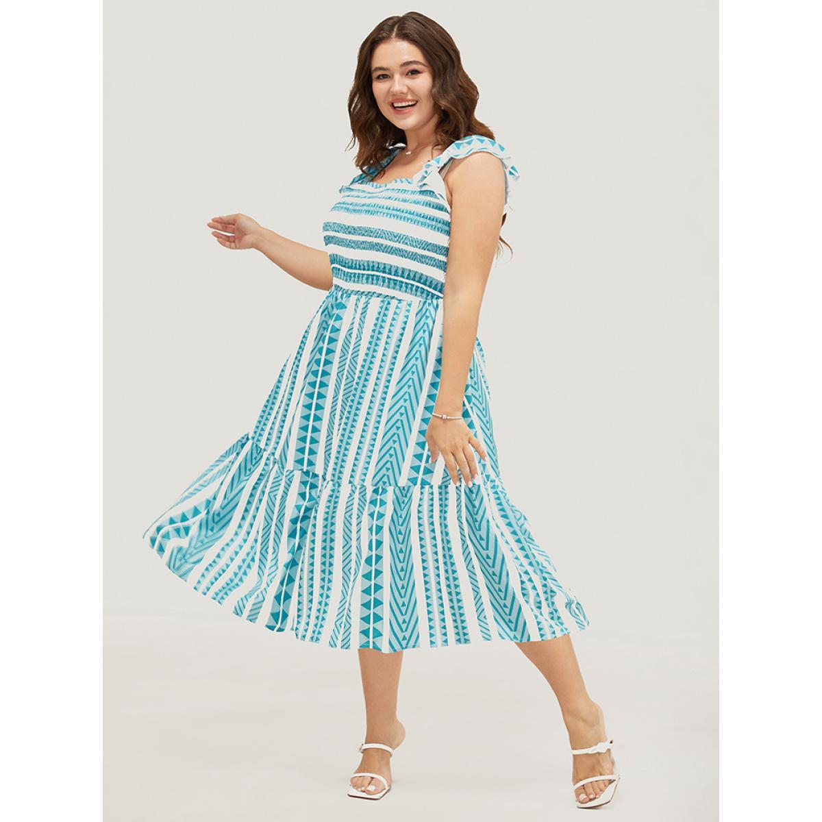 Plus Size Striped Contrast Square Neck Pocket Ruffles Shirred Cami Dress LightBlue Women Vacation Square Neck Cap Sleeve Curvy Midi Dress BloomChic 12/L Product Image