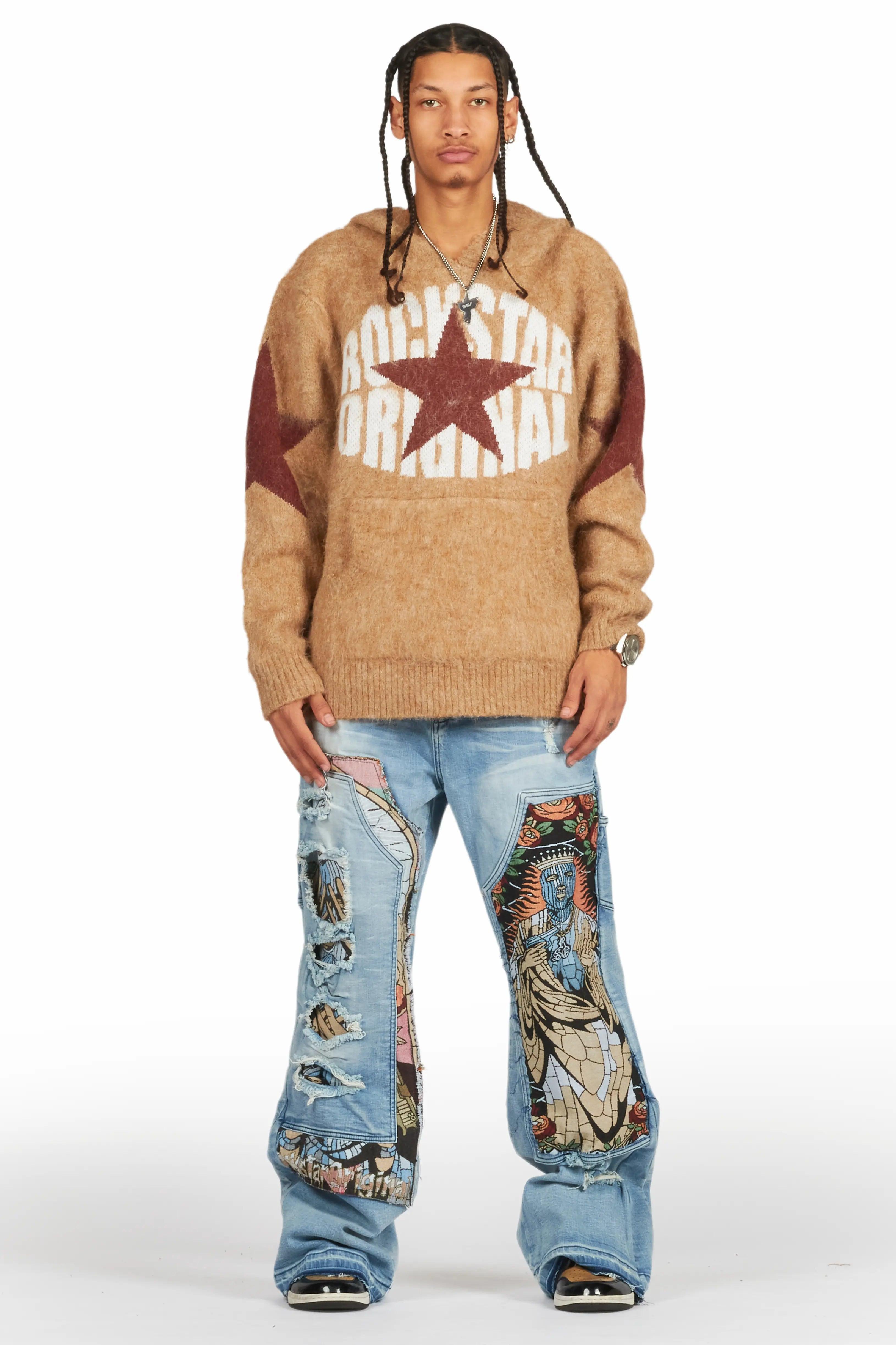 States Brown Graphic Knitted Mohair Hoodie Male Product Image