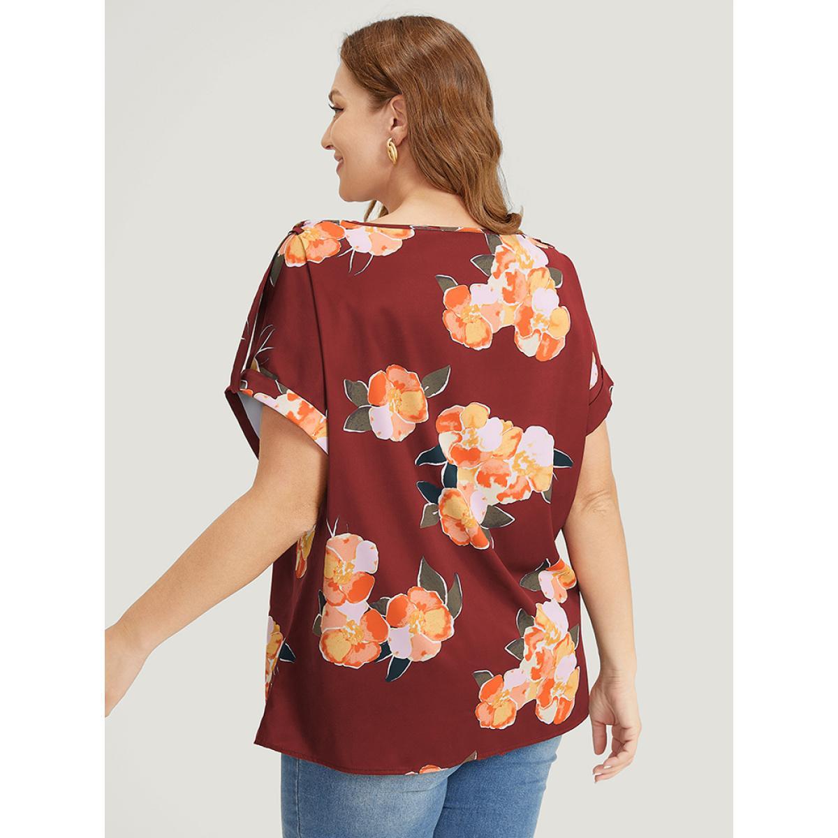 Plus Size Burgundy Floral Printed Roll Tab Sleeve Blouse Women Elegant Short sleeve Round Neck Dailywear Blouses BloomChic 14-16/1X Product Image