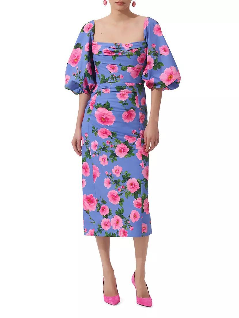 Womens Floral Stretch-Cotton Balloon-Sleeve Midi-Dress Product Image